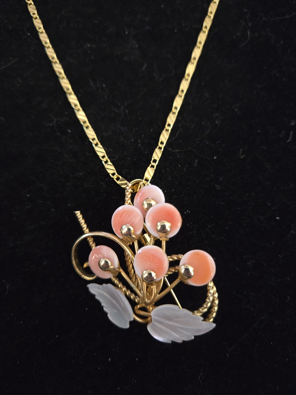 Gold-Tone Pink Coral Flower And Mother Of Pearl Pendant/Brooch